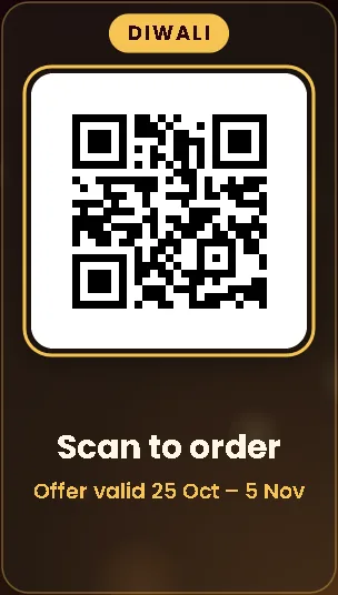 The Scan to order panel of a Diwali offer banner: a QR code that opens the store's page on Drow, and the offer dates