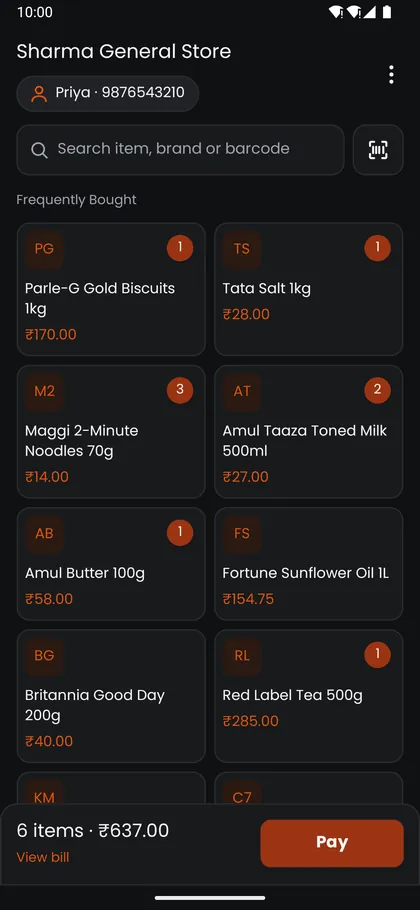 Billy Android app with a search and barcode scan bar, Frequently Bought item tiles with prices and counts, and a bar showing 6 items and the Pay button