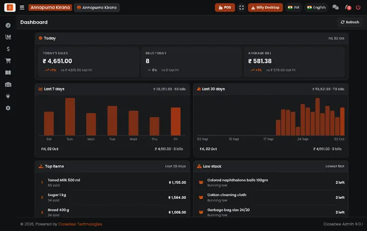 Billy dashboard with today's sales and bills against last week, 7-day and 30-day sales charts, top items and low stock