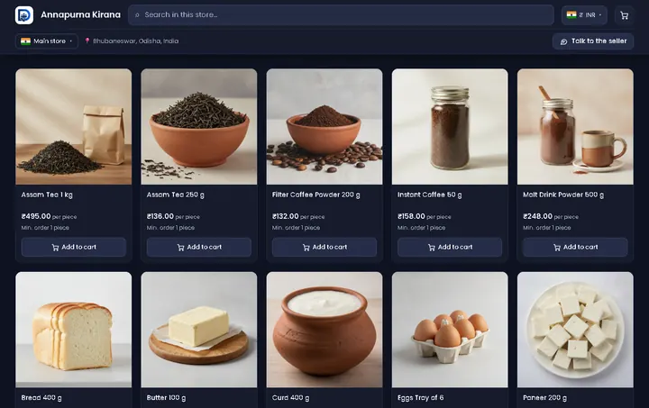 A store's page on Drow where customers browse items and order