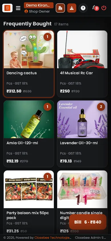 Billy POS on a phone: item tiles with prices against MRP and a Bill button with the item count and total