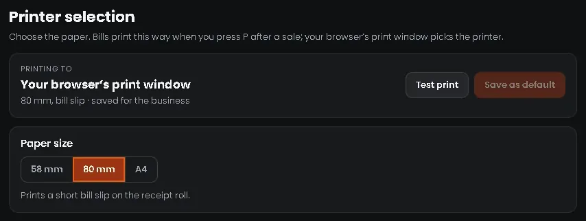 Billy's Printer selection: printing to the browser's print window on 80 mm, with Test print, Save as default, and paper sizes 58 mm, 80 mm and A4