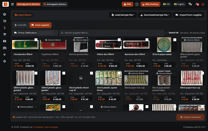 Billy's Import from supplier screen, showing a connected supplier's items with photos, purchase rate and MRP